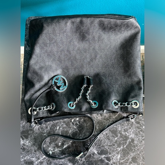 Michael Kors Frankie Signature Leather Drawstring Woven Chain Bucket Bag Purse - Picture 10 of 11